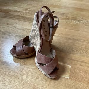 Natural brown leather cork wedges with ankle straps size 9